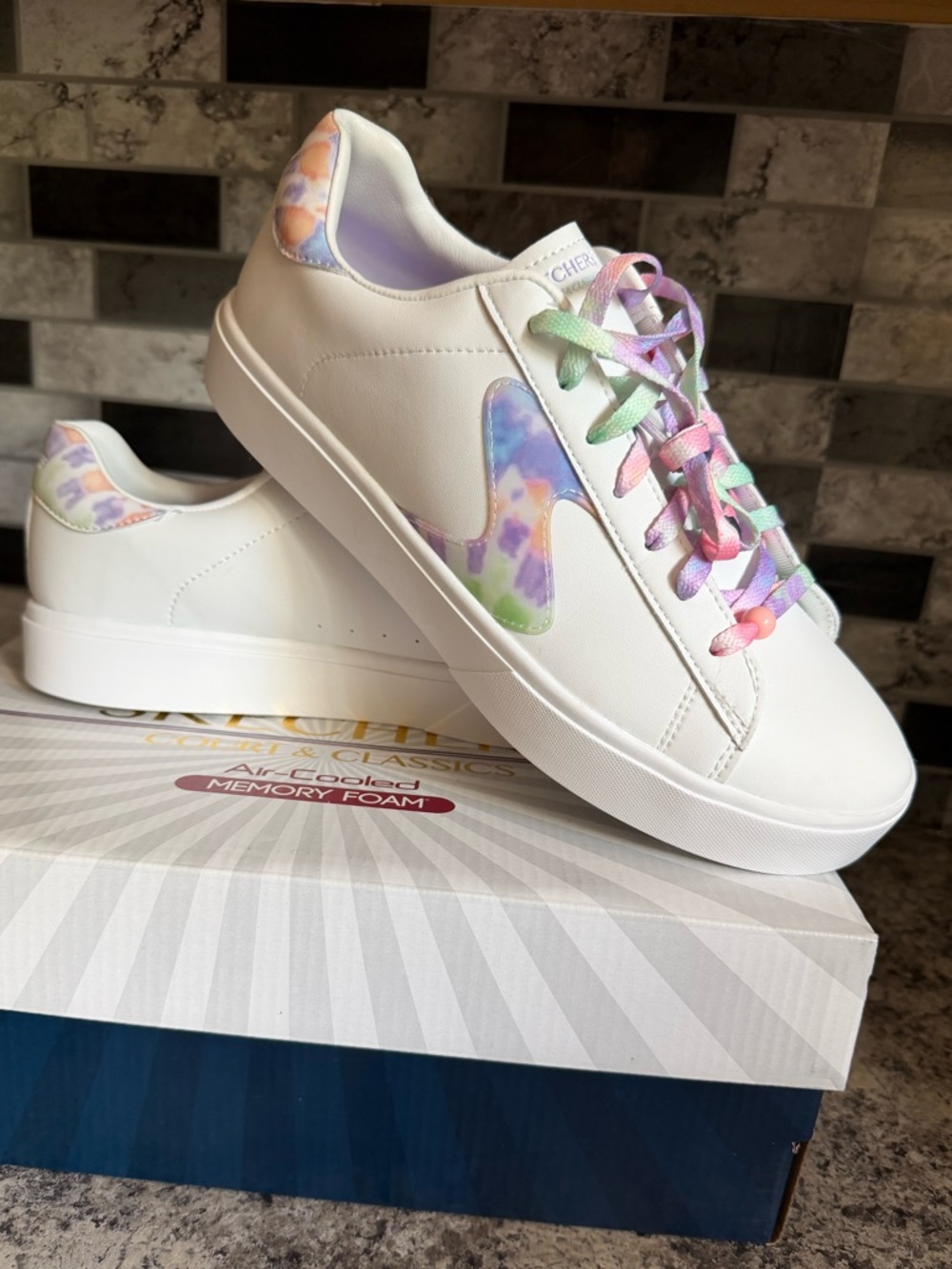 Skechers White Sneakers with Pastel Tie-Dye Accents